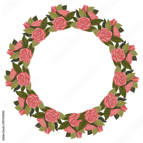 A wreath of dusty pink roses and delicate buds for your design. Vector illustration isolated on a white background.