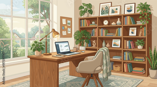 A cozy, sunlit home office illustration with a laptop showing data on a desk by a window. Perfect for remote work, freelance, business, or education concepts.