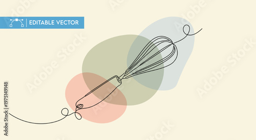 Minimalist single-line vector illustration of a wire whisk for professional kitchen and cooking design.