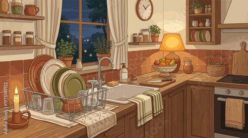A warm, cozy illustration of a rustic kitchen at night. Clean dishes dry by the sink, lit by a soft lamp and a candle. Perfect for themes of home, comfort, and tranquility.