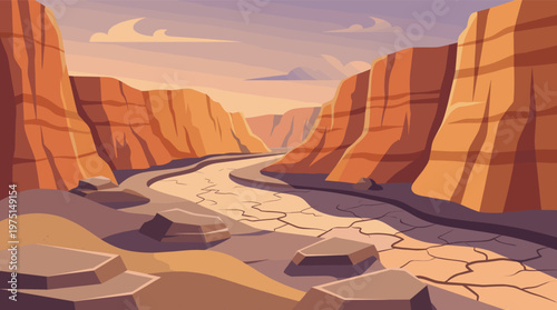 A serene vector landscape of a dry canyon at sunset. The cracked riverbed and warm colors evoke an arid, majestic mood. Ideal for travel, nature, or environmental backgrounds.