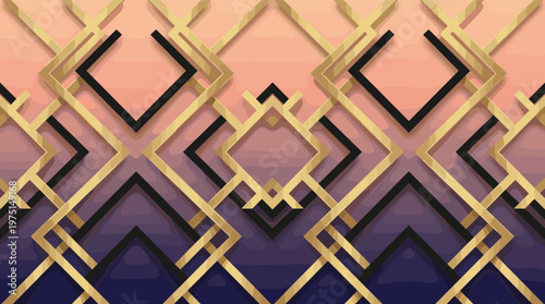 Elegant Art Deco geometric background with gold and black lines on a pink and purple gradient. Luxurious and modern design for wallpaper, invitations, or web banners.