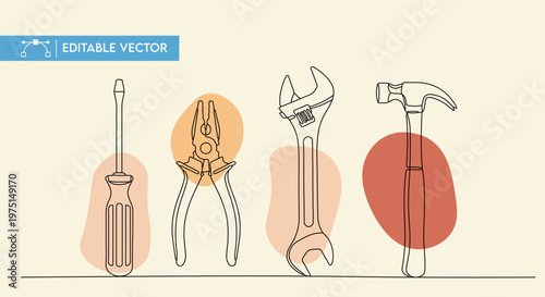 Minimalist vector illustration featuring essential construction tools like a hammer, wrench, screwdriver, and sturdy pliers set.