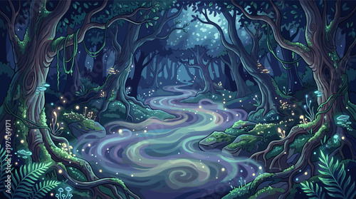 A magical forest at night with a glowing river, luminous mushrooms, and fireflies. Serene, enchanting landscape illustration for fantasy, gaming, or storytelling backgrounds.