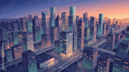 Aerial view of a vibrant, futuristic metropolis at twilight. This vector illustration depicts a bustling cityscape with glowing windows and traffic, ideal for tech or business themes.
