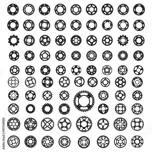 Set of Black Gear and Sprocket Icons in Grid Pattern for Mechanical Design