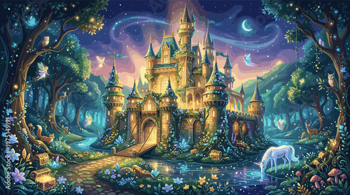 A breathtaking fantasy castle glows in an enchanted forest. A unicorn drinks from a river as fairies fly under a starry sky. Perfect for book covers or magical themes.