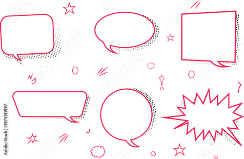 Cartoon empty retro comic style speech bubbles set with black halftone shadows. Hand drawn pop art, vintage speech clouds, thinking bubbles, and conversation text elements. Vector illustration