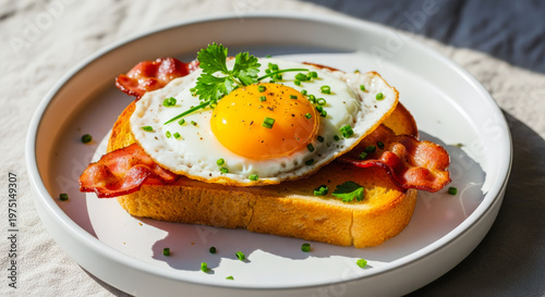 Close-up of toasted bread topped with crispy bacon and a sunny side up egg, finished with herbs on a white plate.