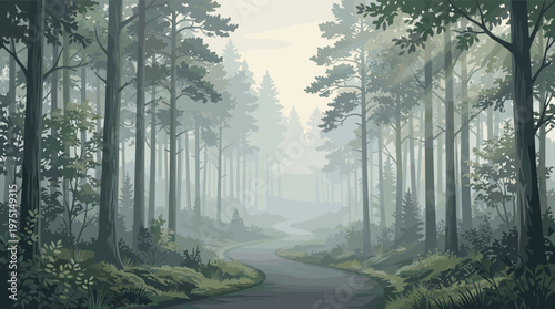 Vector illustration of a winding road through a dense, foggy pine forest. A mysterious and tranquil landscape perfect for backgrounds, travel, or nature concepts.