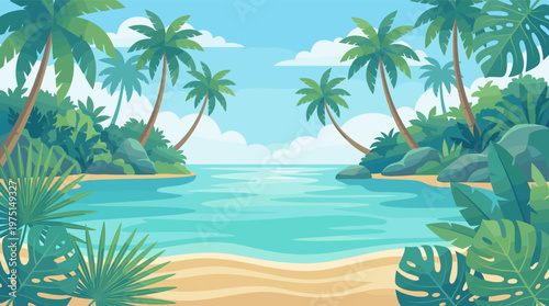 A vibrant cartoon illustration of a serene tropical beach paradise with palm trees, sandy shore, and turquoise water. Ideal for travel, vacation, or summer backgrounds.