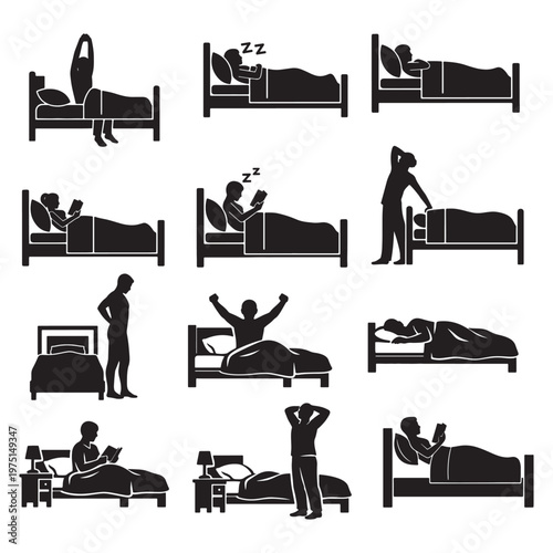 Bedroom Sleep and Morning Routine Icons Set Showing Resting, Reading, Stretching, Waking and Nighttime Silhouettes