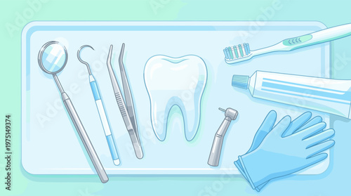 Illustration of dentist tools and oral hygiene products on a tray. A clean concept for dental care, stomatology clinics, healthcare articles, and educational content.