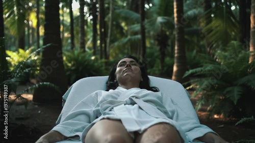 A woman lies on a lounge chair in a serene forest setting, exuding relaxation and tranquility.