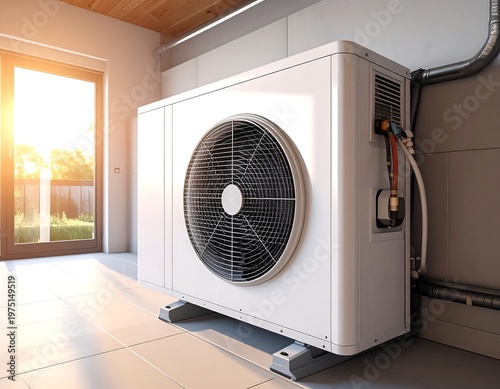 A white, modern, outdoor climate control unit sits against a wall next to a door with a view of sunlight