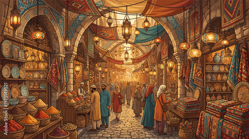 A vibrant illustration of a bustling Middle Eastern souk at dusk. People shop for spices and carpets under the warm glow of traditional lanterns, perfect for travel concepts.
