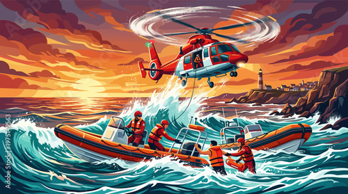 Dramatic illustration of a coast guard sea rescue. A helicopter and boat save a person from stormy waters at sunset. Concepts of heroism, teamwork, and safety.