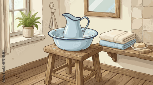A cozy, rustic bathroom interior illustration. Features a vintage enamel wash basin and pitcher, towels, and soap. Ideal for historical, country, or simple living concepts.