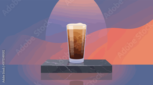 Vector illustration of an iced coffee on a dark marble stand. An abstract, colorful background creates a calm, premium mood. Perfect for cafe menus or beverage ads.