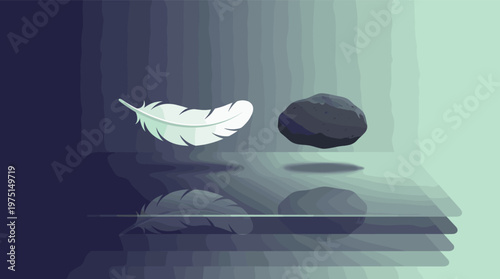 Minimalist illustration of a feather and stone floating, symbolizing opposites like light and heavy. Calm, surreal concept for wellness, psychology, or business presentations.
