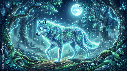 A luminous spirit wolf walks through a magical forest at night under the full moon. This mystical fantasy illustration is perfect for book covers, gaming, and spiritual projects.