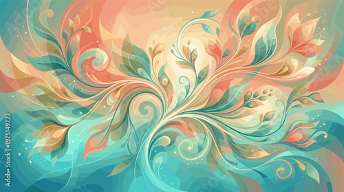 An elegant abstract background with flowing floral ornaments and leaves. Gentle pastel colors create a serene mood for wellness, beauty, or wedding designs.