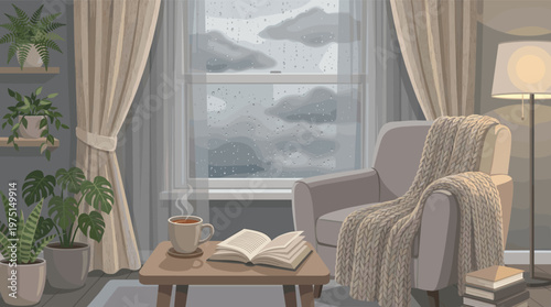 Cozy room illustration with a chair, book, and hot drink by a rainy window. Perfect for concepts of home comfort, relaxation, hygge, and self-care.