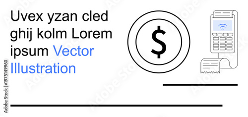 Finance, digital transactions, e-commerce, payment processing, retail checkout, technology concepts. Black dollar sign coin and a point-of-sale terminal with printed receipt. Finance and digital