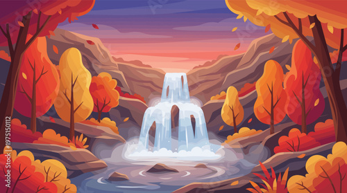 A beautiful vector illustration of a waterfall in a vibrant autumn forest at sunset. This serene landscape is perfect for backgrounds, travel, or nature themes.