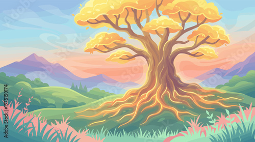 Vibrant illustration of a majestic golden tree in a fantasy landscape. Serene hills and mountains under a soft sunset sky create a peaceful, magical mood. Ideal background.