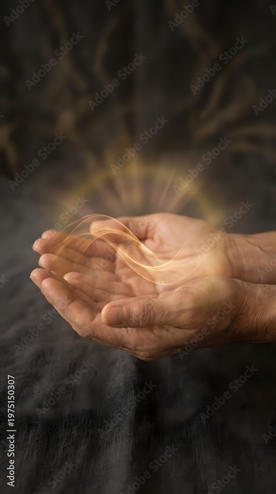 Fototapeta premium Cupped hands holding glowing golden energy light with magical rays emanating upward against dark background for spiritual healing concepts.