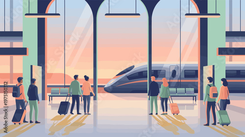 Illustration of travelers with luggage in a modern station. A high-speed train waits at the platform during sunrise. Concept for travel, transport, and technology.