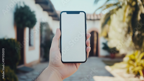 Hand holding smartphone with blank screen in outdoor setting