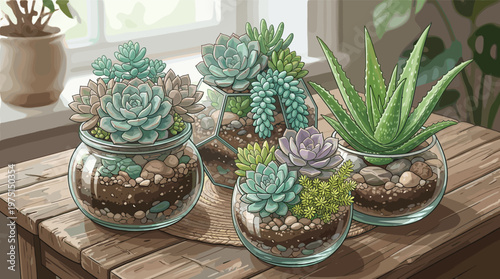 A beautiful illustration of various succulents and an aloe vera plant in glass terrariums. Cozy home decor scene on a rustic wooden table evokes peace, wellness, and nature.