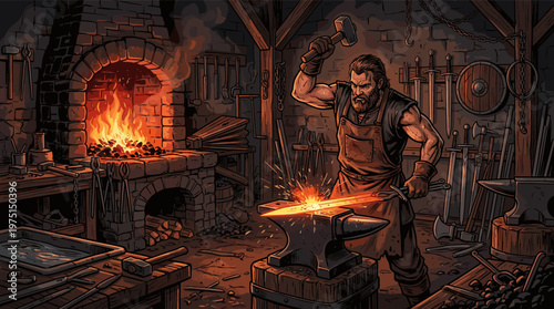 Illustration of a powerful blacksmith forging a glowing sword on an anvil. A fiery forge lights the dark, medieval workshop. Perfect for fantasy, gaming, and historical themes.