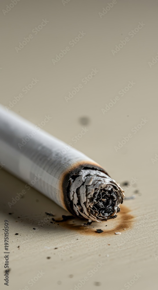 Obraz premium Detailed view of a burning cigarette abandoned on a light surface, resulting in a permanent, circular black scorch mark and fire damage, cigarette, addiction, danger
