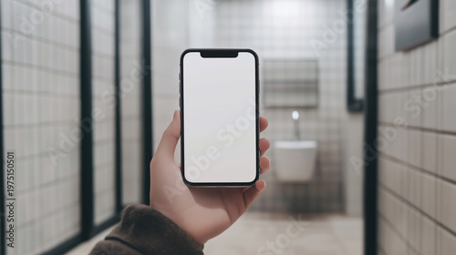 Hand holding smartphone with blank screen in modern bathroom setting