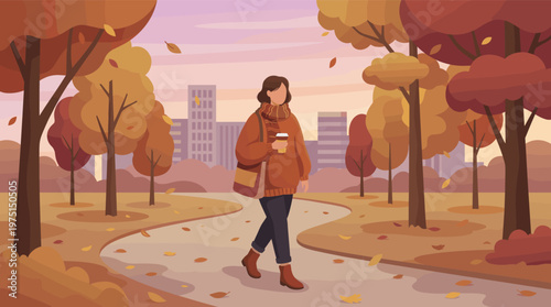 A woman in a cozy sweater walks with coffee through a city park during fall. Warm, peaceful illustration for seasonal, lifestyle, or urban themes.