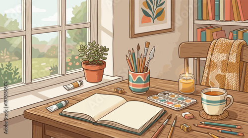 A cozy illustration of an artist's desk by a sunny window. Features a sketchbook, art supplies, and tea. Perfect for creative hobbies, self-care, and mindfulness concepts.