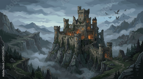 An epic illustration of a medieval fantasy castle on a misty mountain cliff. Dragons fly in the gloomy sky. Perfect for game backgrounds, book covers, or fantasy concepts.