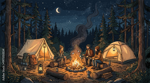 Illustration of friends camping in a forest at night. They sit by a campfire, roasting marshmallows near tents under a starry sky. Cozy, adventure, and friendship concept.