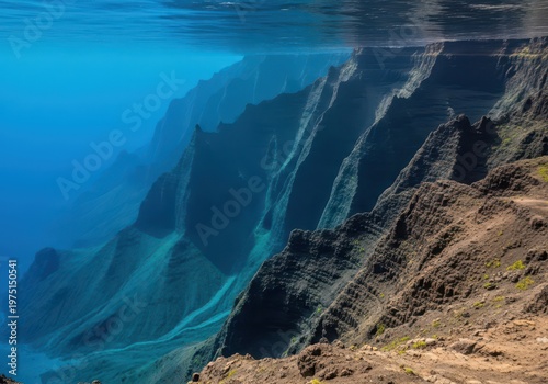 Dramatic view of the steep continental slope descending rapidly into the abyssal plain, illustrating profound deep marine geology, natural structure, slope, continental slope