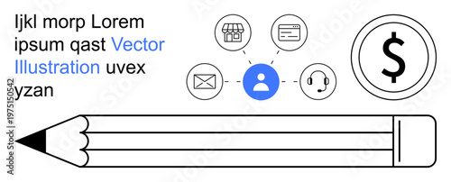 Communication, digital services, financial tools, customer support, business operations, education. A pencil with icons for email, person shopping payment and financial concept. Communication