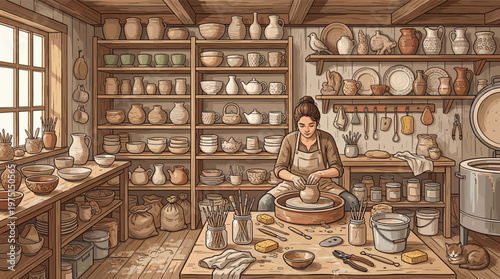 Female artisan at work in a cozy, rustic pottery studio illustration. She skillfully shapes clay on a wheel, surrounded by shelves of handmade ceramics. Creative, traditional.