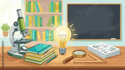 Cartoon illustration of a school desk with a microscope, books, and a glowing lightbulb. Represents science, education, ideas, and discovery. Perfect for learning materials.