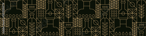 Olive oil geometric pattern. Black art deco horizontal background with gold linear seamless pattern. Tree leaves, bottles and branches. Outline bg with Mediterranean olive oil, vector illustration