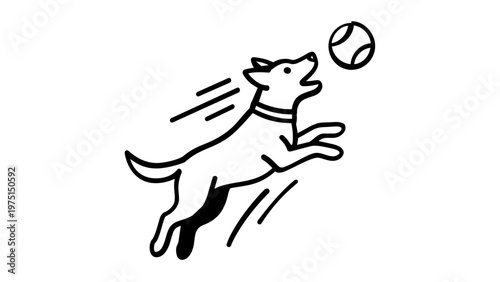 Playful dog jumping to catch a tennis ball vector illustration, minimalist line art icon for pet fetch, canine exercise, animal training, active lifestyle, and pet care, AI-generated graphic.