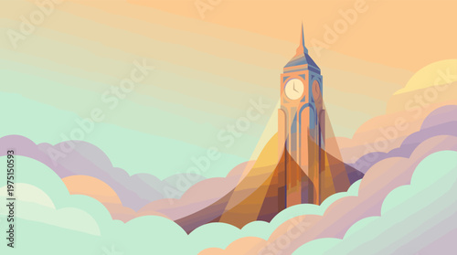 A magical, minimalist illustration of London's Big Ben clock tower rising through soft pastel clouds at sunrise. Dreamy, serene vector art for travel, inspiration, or design.