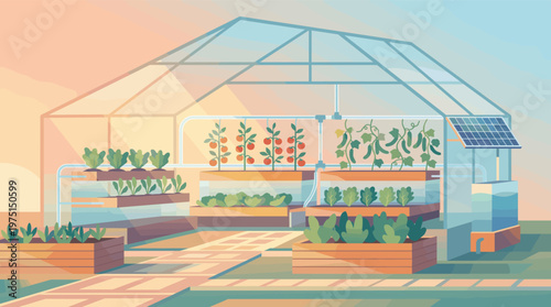Illustration of a modern greenhouse with vertical farming and a solar panel. Represents sustainable agriculture, smart farming, and eco-friendly food production.