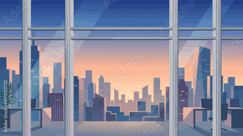 Vector illustration of an empty modern office with a large window. Beautiful sunset cityscape visible, creating a peaceful, professional atmosphere for business concepts.